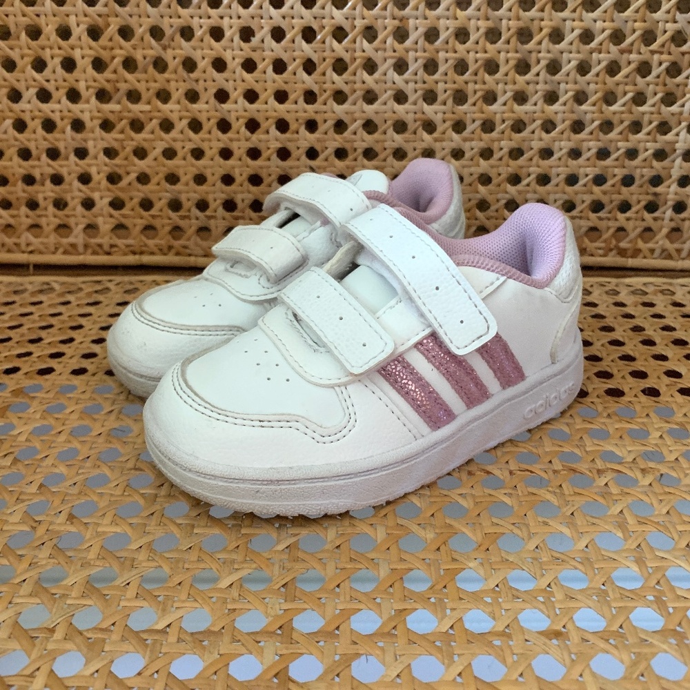 Adidas Kids Hoops 2.0 Sneakers White Pink Velcro 7K